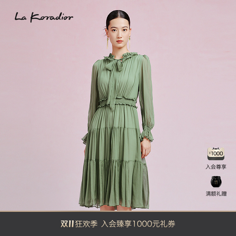 【桑蚕丝】La Koradior拉珂蒂女春季早新款气质花边领层叠洋装裙
