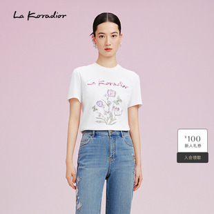通勤蝴蝶兰T恤女 短袖 Koradior拉珂蒂2025夏纯棉百搭简约时尚