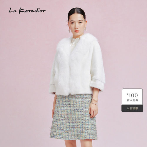 La Koradior拉珂蒂商场同款时尚新款水貂毛领皮草大衣九分袖上衣