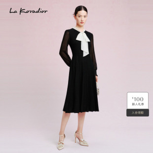 黑色长袖 秋新款 系带领优雅气质连衣裙长裙 Koradior拉珂蒂时尚