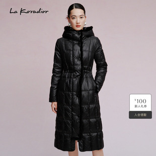 Koradior拉珂蒂女冬连帽大朵绒水貂毛条纹羽绒服 商场同款