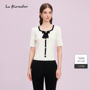 女优雅蝴蝶结装 针织衫 饰上衣 白色短袖 Lakoradior拉珂蒂商场同款
