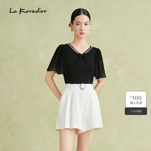 【商场同款】La Koradior拉珂蒂女夏短袖上衣黑色V领衬衫气质修身