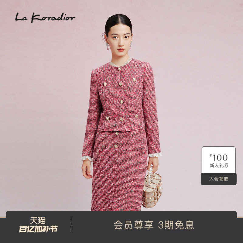 La Koradior拉珂蒂时尚春新款圆领气质翻领单排扣短外套香风上衣