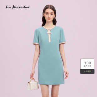 裙 洋装 Lakoradior拉珂蒂浅蓝连衣裙春夏蕾丝领口蝴蝶结裙 法式