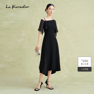 Koradior拉珂蒂夏季 气质黑色收腰显瘦连衣裙子长裙 商场同款