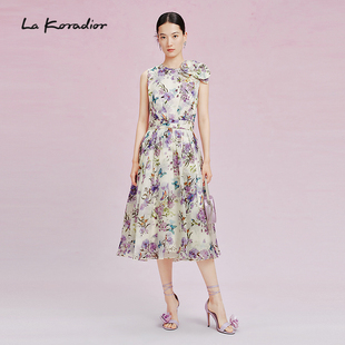 Lakoradior拉珂蒂女夏季 100桑蚕丝蝴蝶兰印花优雅丝绸连衣裙 新款