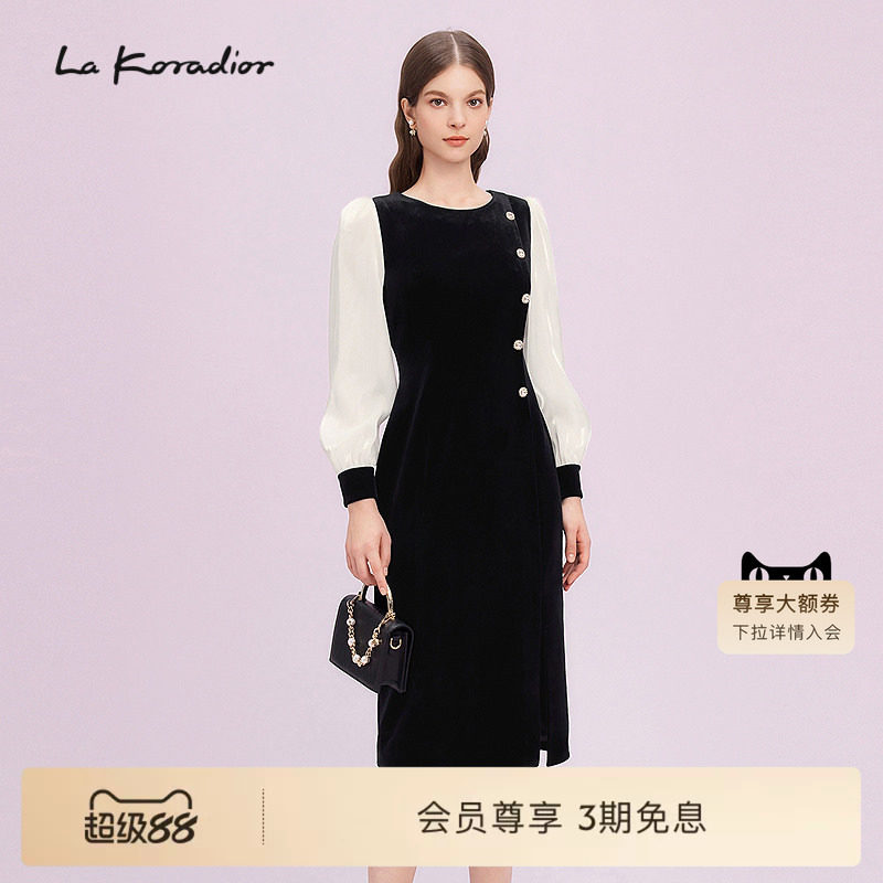 La Koradior拉珂蒂商场同款气质优雅丝绒拼接礼服裙侧开叉长裙女图片