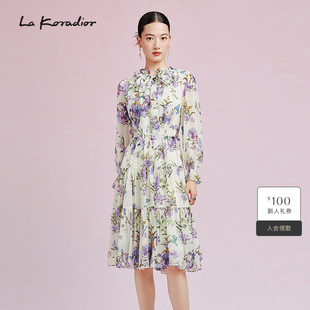 桑蚕丝 长袖 新款 系带领印花连衣裙长裙 Koradior拉珂蒂春季