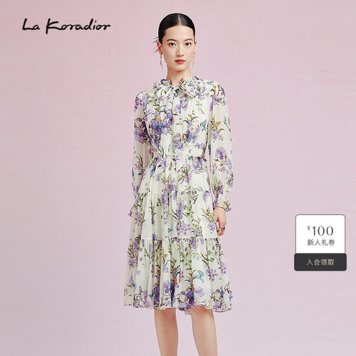 【桑蚕丝】La Koradior拉珂蒂春季新款长袖系带领印花连衣裙长裙