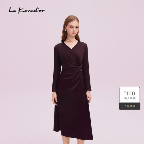 【进口三醋酸】La Koradior拉珂蒂商场同款秋季优雅v领收腰连衣裙
