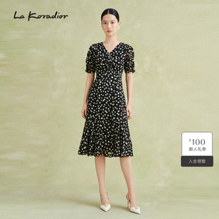 Koradior拉珂蒂夏季 通勤100桑蚕丝印花鱼尾连衣裙女 商场同款