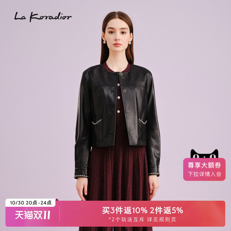 La Koradior拉珂蒂商场同款通勤秋季新款时尚绵羊皮革外套短上衣