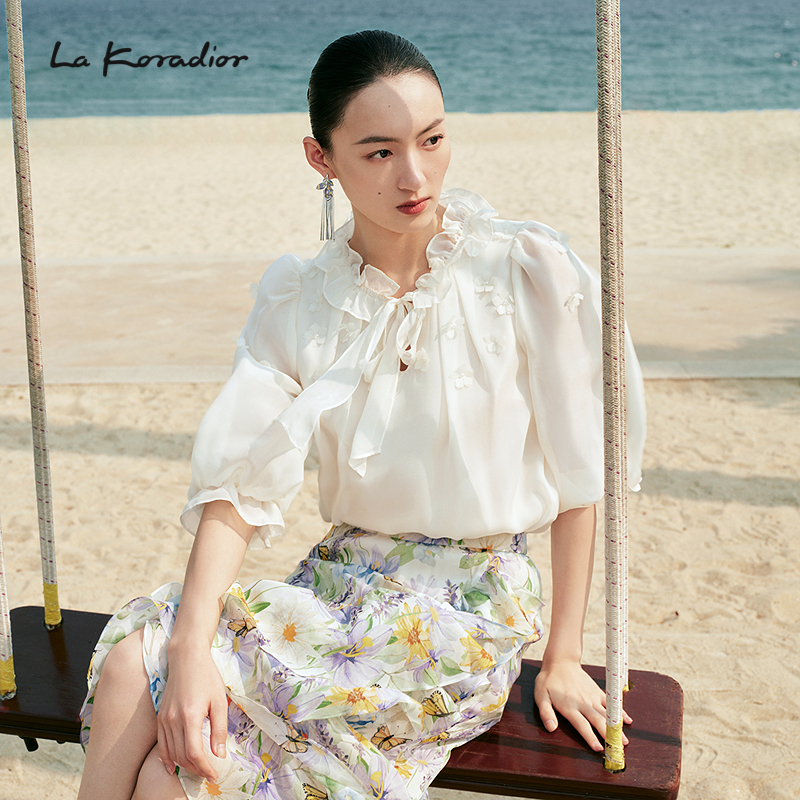 【重磅真丝】 Lakoradior拉珂蒂2025气质系带领七分袖纯色上衣