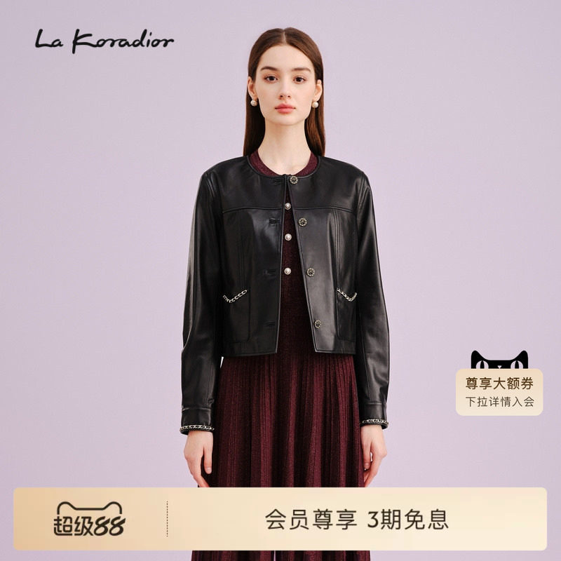 La Koradior拉珂蒂商场同款通勤秋季新款时尚绵羊皮革外套短上衣