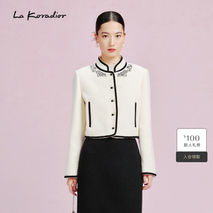 Koradior拉珂蒂立领单排扣毛呢印花短上衣气质外套女 羊毛
