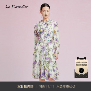 桑蚕丝 长袖 新款 系带领印花连衣裙长裙 Koradior拉珂蒂春季