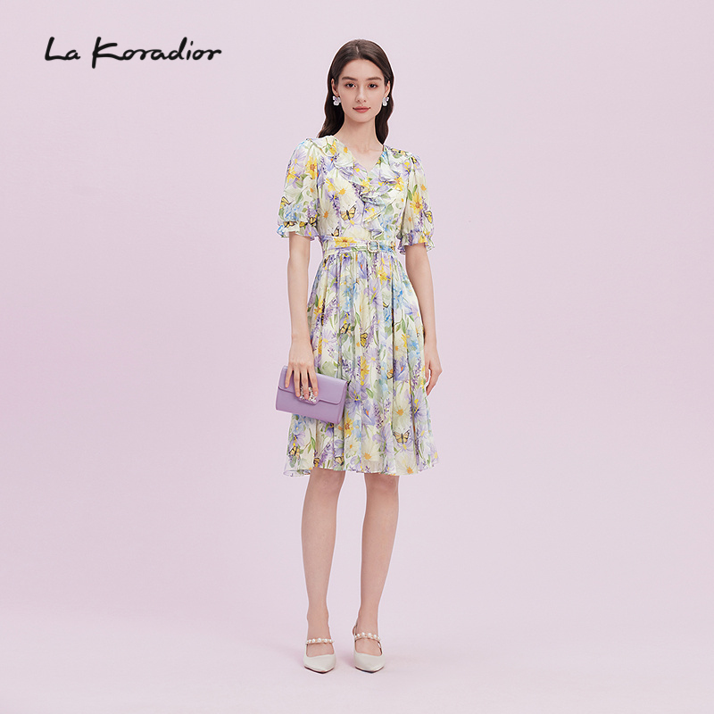 La Koradior拉珂蒂显瘦2025商场同款100桑蚕丝印花真丝连衣裙女