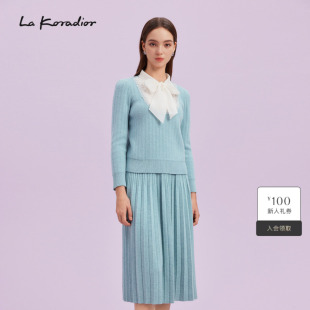 Koradior拉珂蒂商场同款 休闲系带领纯色套头针织毛衫 羊毛
