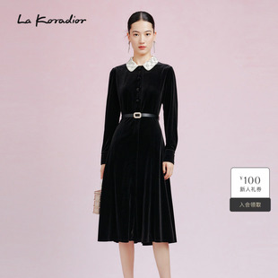 纯色丝绒气质连衣裙中长款 新款 收腰长裙女 Koradior拉珂蒂时尚