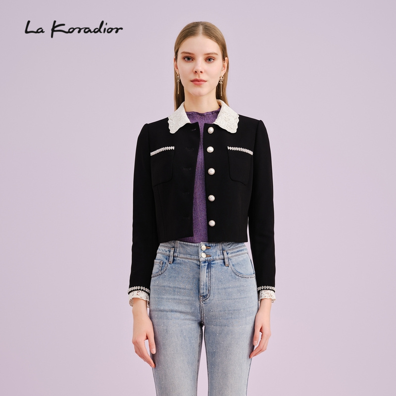 【法式香风】La Koradior拉珂蒂季黑色单排扣长袖上衣方领外套