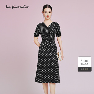 Koradior拉珂蒂通勤2025夏桑蚕丝波点气质收腰真丝连衣裙女