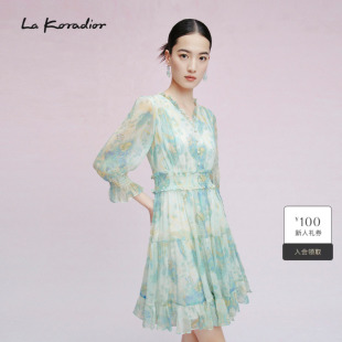 收腰显瘦V领时尚 Koradior拉珂蒂连衣裙女夏季 长裙 桑蚕丝