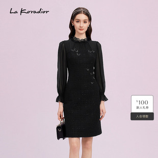 气质木耳领拼接礼服裙纯色连衣裙 通勤时尚 Koradior拉珂蒂修身