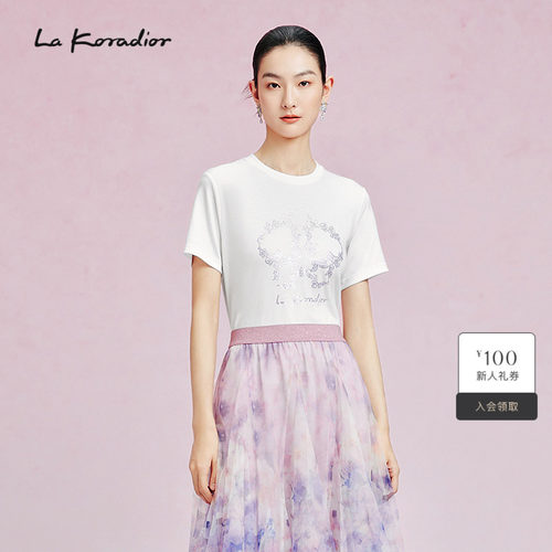 La Koradior拉珂蒂新款圆领白色蝴蝶兰烫钻纯棉T恤衫上衣通勤女