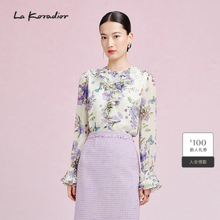 Koradior拉珂蒂春季 新款 法式 女 印花真丝花边领小衫 桑蚕丝