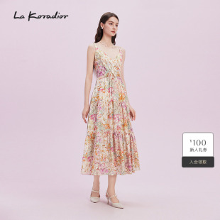 V领印花桑蚕丝连衣裙女 交叉式 Koradior拉珂蒂优雅2025商场同款