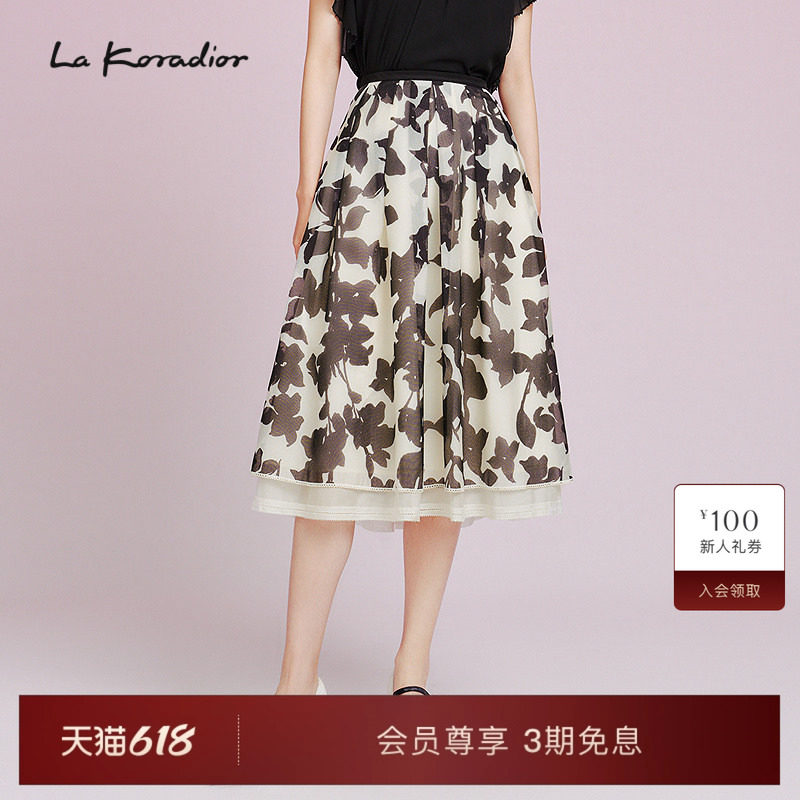 Lakoradior拉珂蒂显瘦夏季新款修身简约a字柔美花卉网纱半身裙女