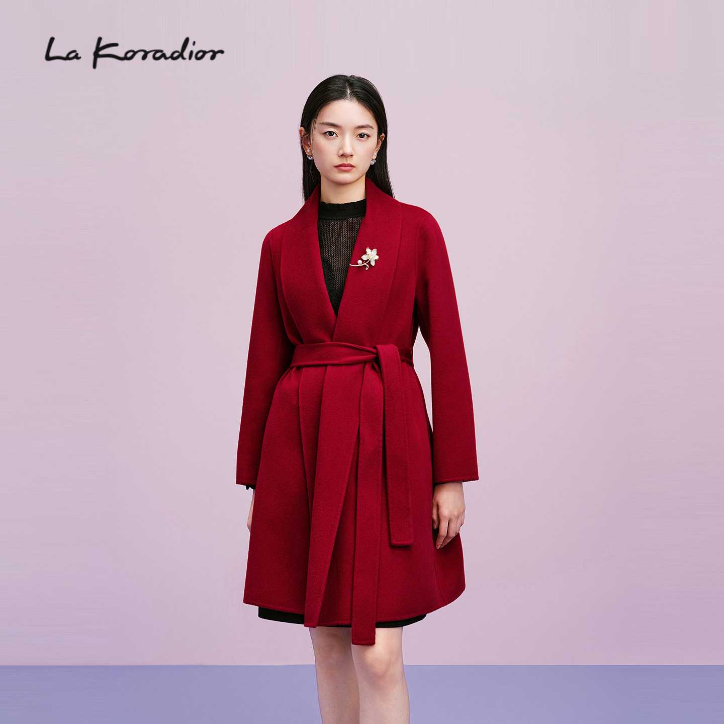 【羊绒100】Lakoradior拉珂蒂女25秋冬新款法式优雅红色毛呢大衣