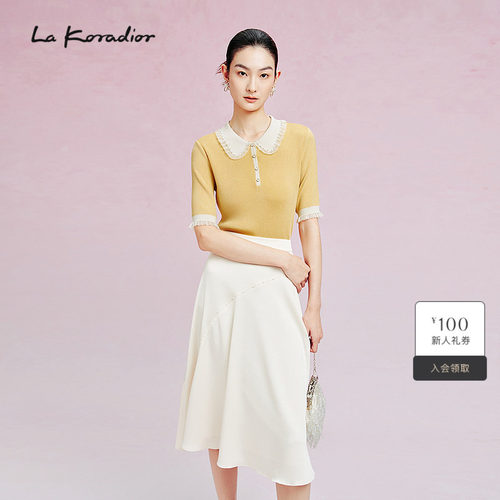 La Koradior拉珂蒂春季新款宫廷风翻领短袖法式小衫女拼接打底衫