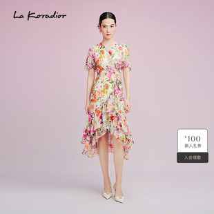 通勤女2025夏100桑蚕丝真丝印花连衣裙 Koradior拉珂蒂优雅修身