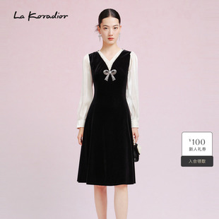 奢雅钉珠淑女撞色连衣裙气质裙 通勤时尚 Koradior拉珂蒂修身