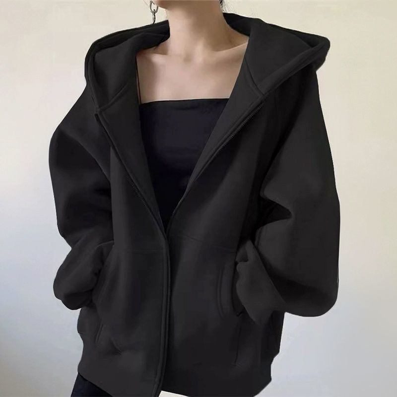 藏蓝色卫衣外套女秋冬季加绒加厚2025新款爆款韩系慵懒风拉链上衣