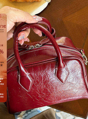 kimsappar韩国小众波士顿保龄球包包休闲手提单肩斜挎红色婚包