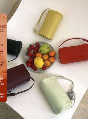 【公子雯】 TR笔筒包羊皮90s极简小众红色手提单肩斜挎包圆筒包