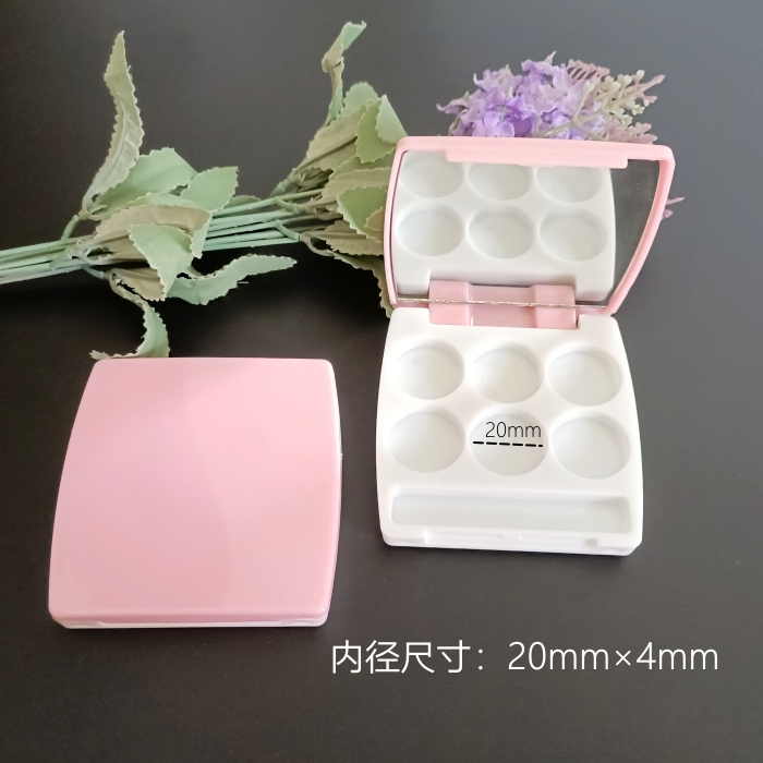 木家~方形粉色6格六色眼影盒 孔径20mm 分装压盘眼影唇膏 有镜子