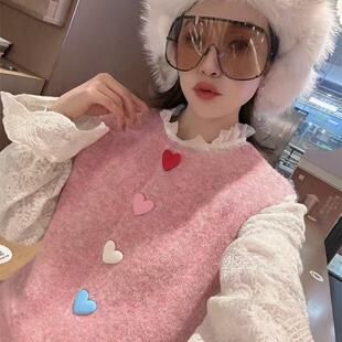 缤典欧洲站秋冬新款蕾丝小衫+针织爱心开衫马甲两件套女1123