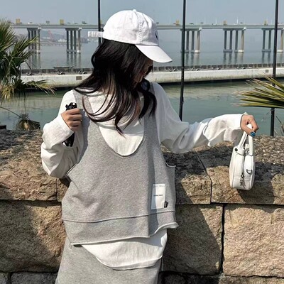 RAIN MALKA两件套装女春季宽松叠穿背心长袖显瘦大码穿搭上衣0223