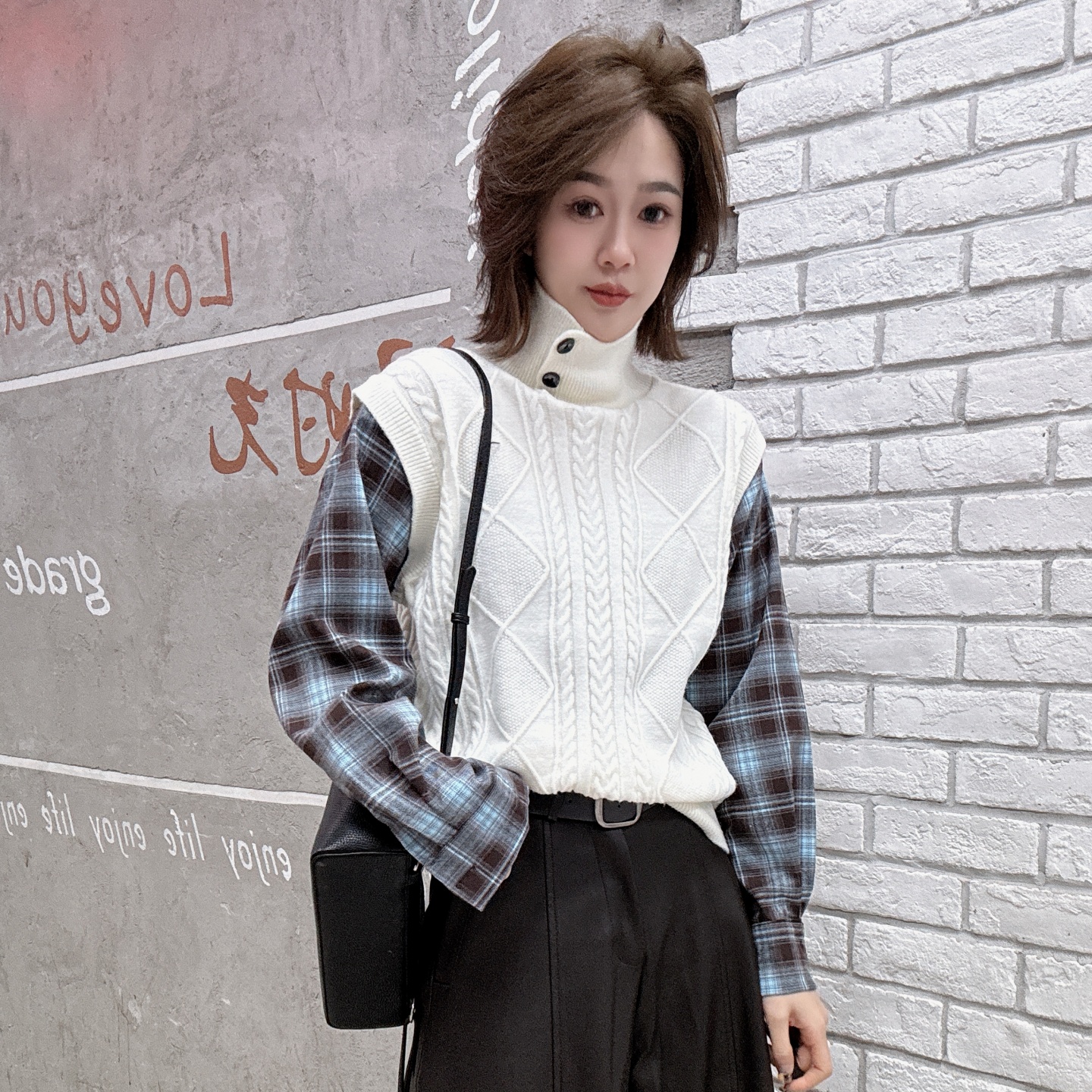 秋冬新款格子衬衫拼接高领麻花针织衫女假两件叠穿毛衣上衣1112