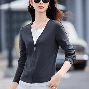 打底衫 t恤女拉链黑色百搭洋气上衣小衫 纯棉假两件长袖 2026春新款