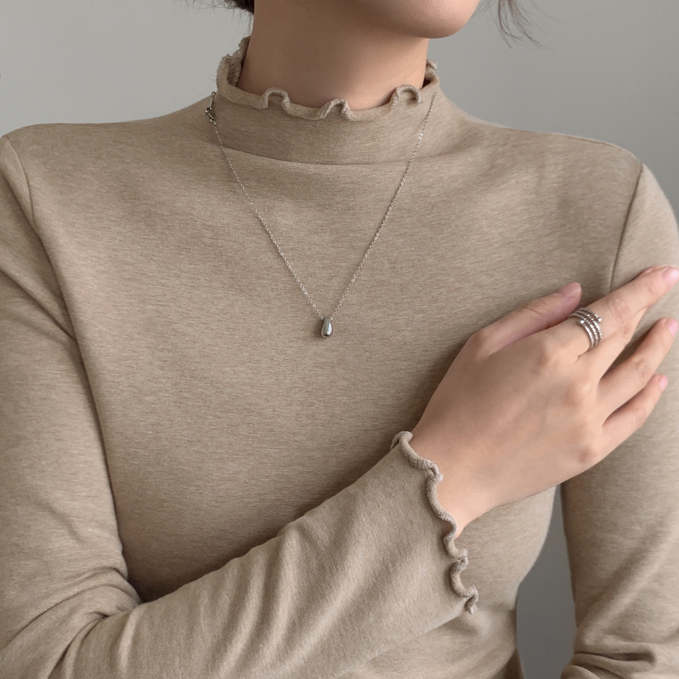 半高领打底衫女2025新款春秋冬内搭纯色木耳边高级感加绒中领上衣,女装/女士精品,T恤,淘宝优惠券,粉丝福利购,淘宝优惠卷