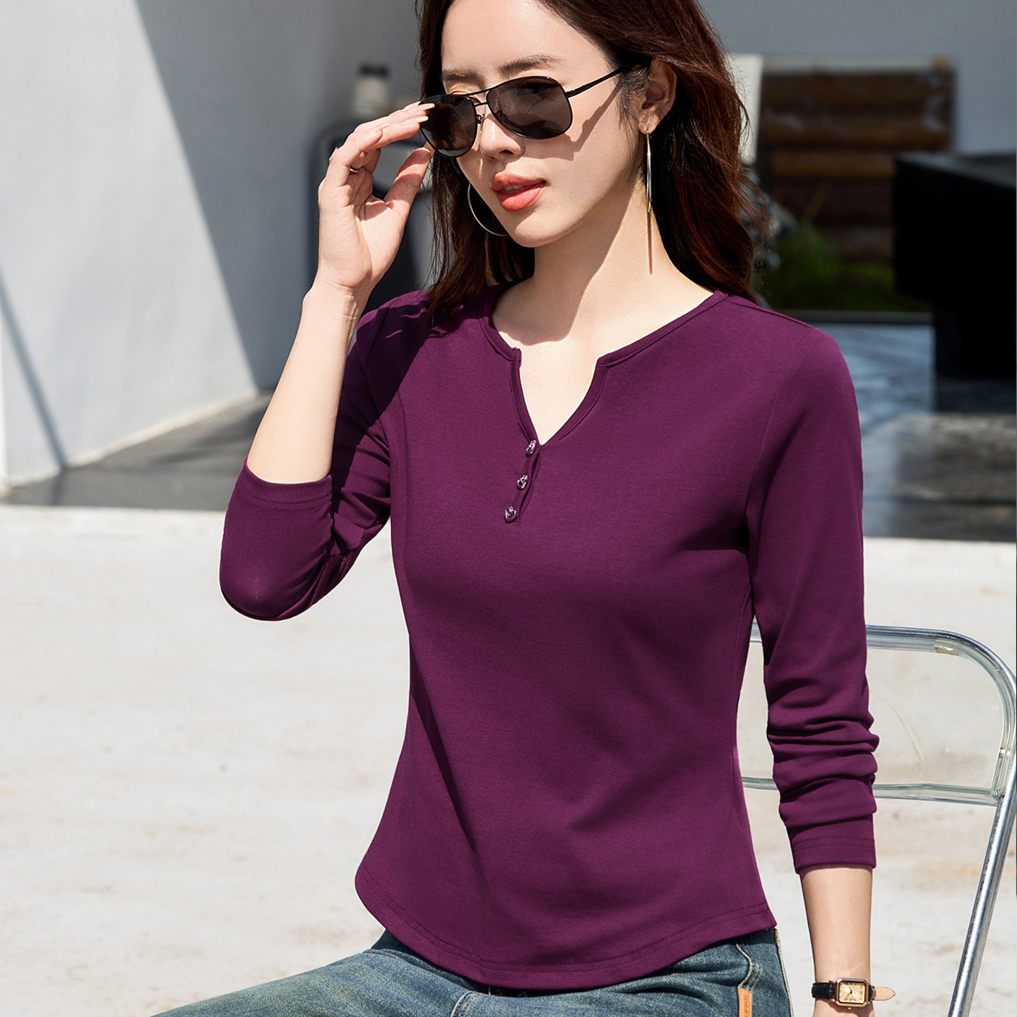 韩系漂亮v领收腰上衣女2026早春新款爆款独特巨好看的修身长袖t恤