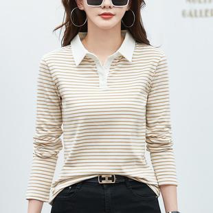 女长袖 纯棉翻领条纹宽松打底衫 t恤上衣外穿中年洋气polo领春秋衣