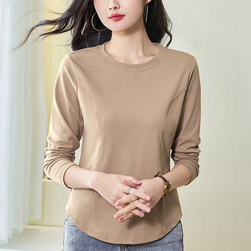 纯棉白色鱼骨打底衫女春秋长袖T恤小香风内搭收腰显瘦短款上衣潮