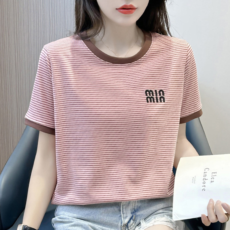 纯棉字母刺绣条纹长短袖T恤女夏装新款时尚宽松百搭显瘦半袖上衣