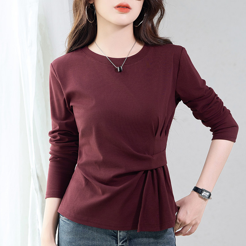 褶皱设计感正肩长袖t恤女2025秋新款纯棉收腰宽松遮肉上衣打底衫